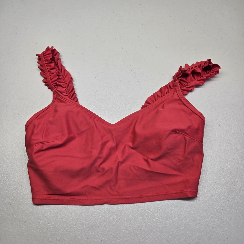 Aerie Women Swimwear Small Red Scoop Bralette Wireless Ruffle Strap READ
